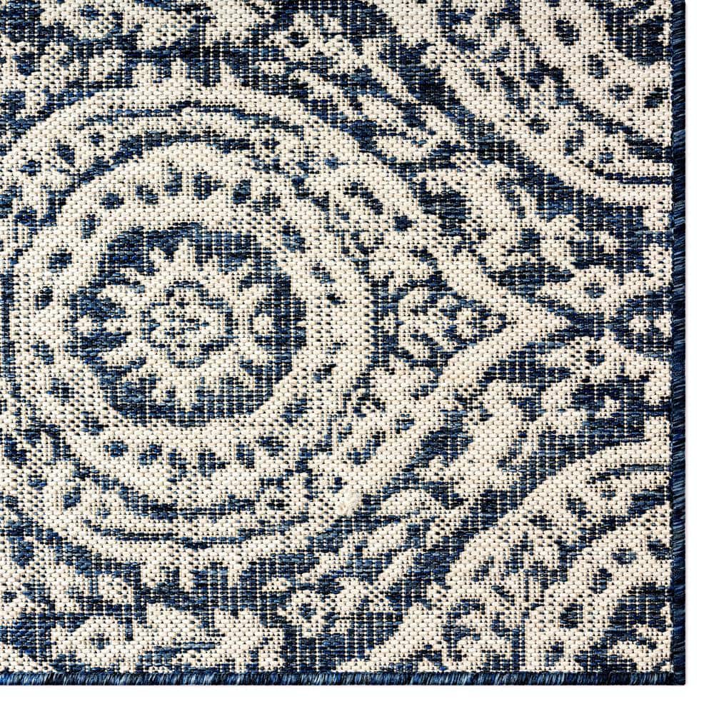 Navy Blue and Ivory Synthetic Moroccan Damask Area Rug