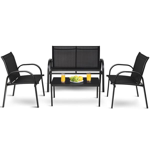 HONEY JOY Black 4Piece Metal Patio Conversation Set Chairs Coffee