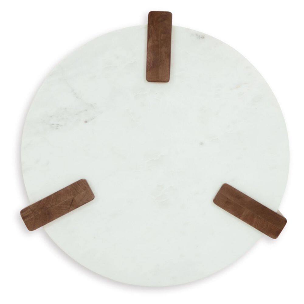 Round White Marble and Brown Wood End Table