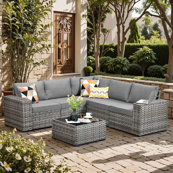 Baldwin Gray 6-Piece Wicker Wide Arm Outdoor Patio Conversation Sofa Sectional Seating Set with Dark Gray Cushions