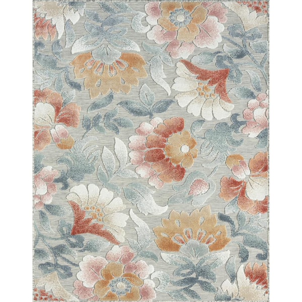 Tropic Floral Gray 9 ft. x 12 ft. Indoor/Outdoor Area Rug