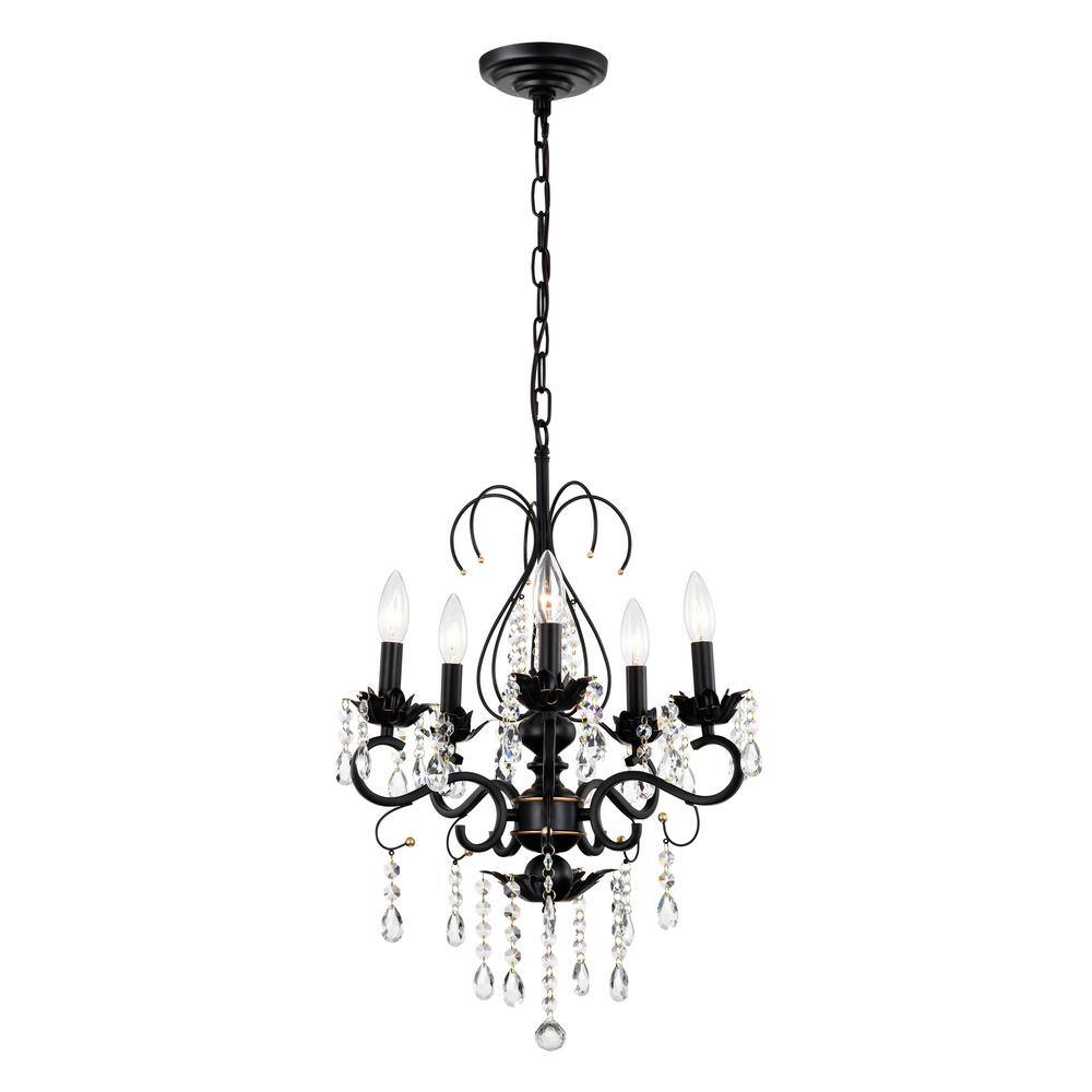5-Light Matte Black Classic Vintage Crystal Candle Chandelier for Living Ro
