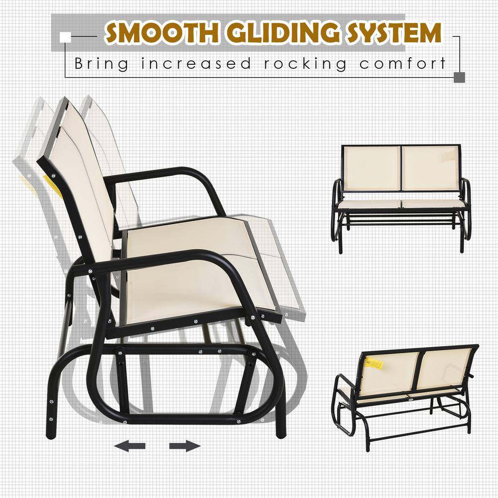 Beige Mesh and Steel Outdoor Glider Bench Loveseat