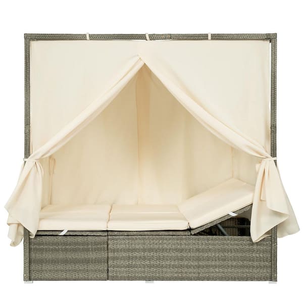 Brown Wicker Outdoor Day Bed with Beige Cushions, Curtain and Adjustable Sun Bed