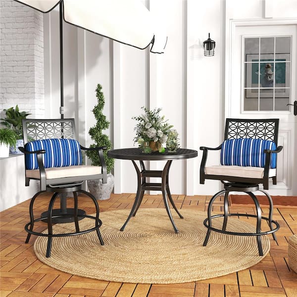 Set of 2 Patio Metal Swivel Outdoor Bar Stool Chairs with Beige Cushion