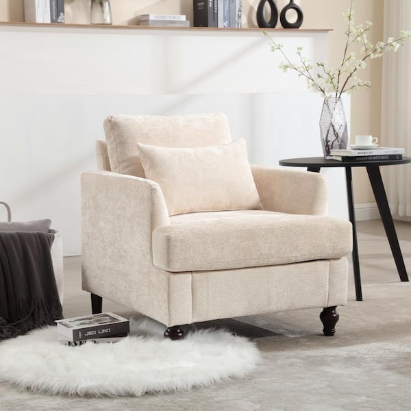 Beige Chenille Wood Frame Armchair with Studded for Living Room