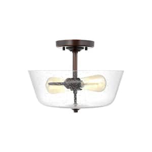 Belton 15 in. 2-Light Bronze Transitional Industrial Ceiling Flush Mount with Clear Seeded Glass Shade