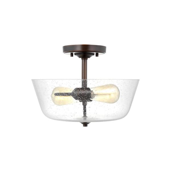 Generation Lighting Belton 15 in. 2-Light Bronze Transitional Industrial Ceiling Flush Mount with Clear Seeded Glass Shade