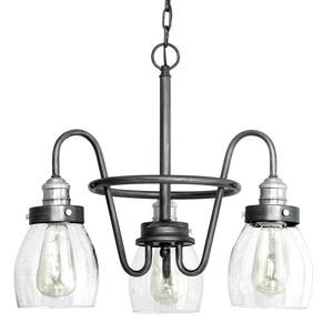 Crofton 3-Light Rustic Pewter Chandelier with Brushed Nickel Accents and Clear Seeded Glass