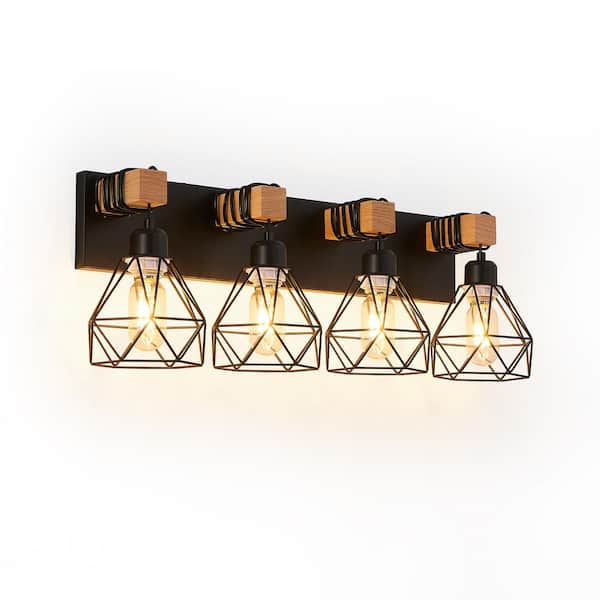 24 in. 4-Light Black Vanity Light with Wood Accents and Metal Cage Shade