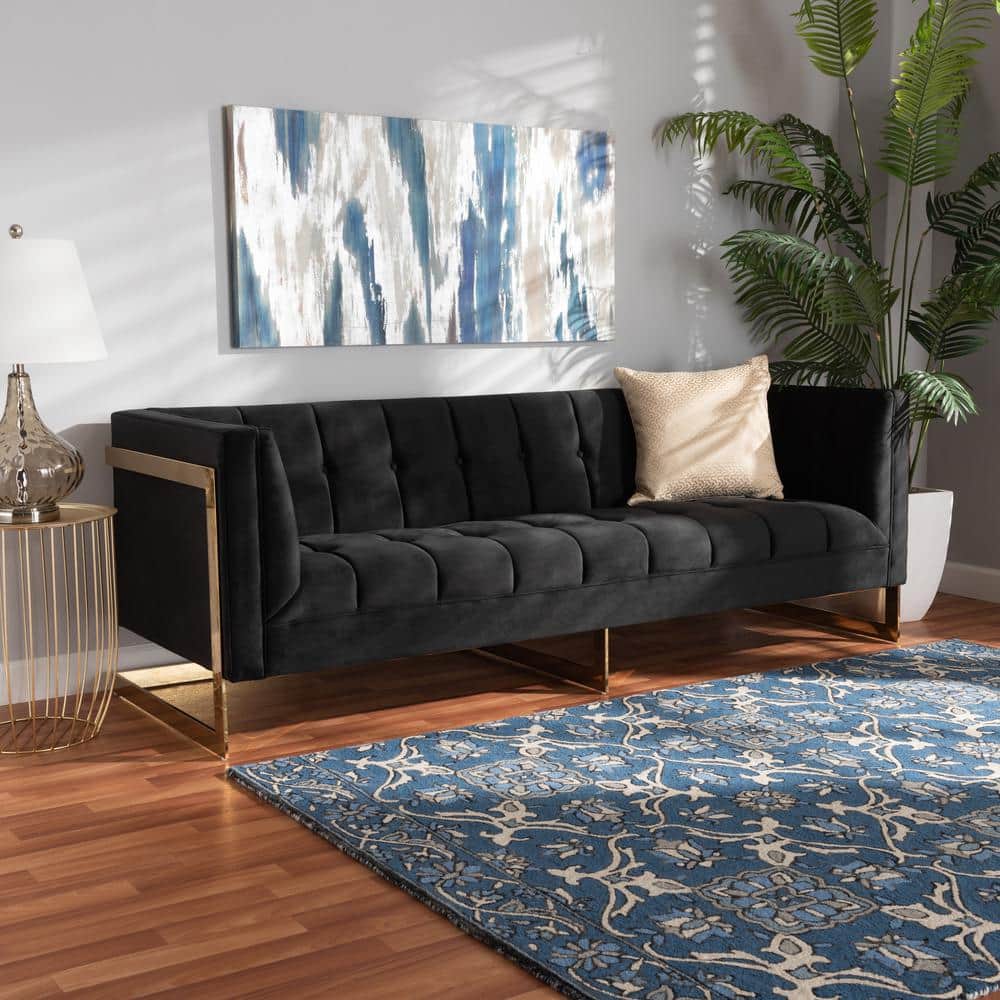 Luxurious Black Velvet Tufted Sofa with Gold-Tone Metal Frame