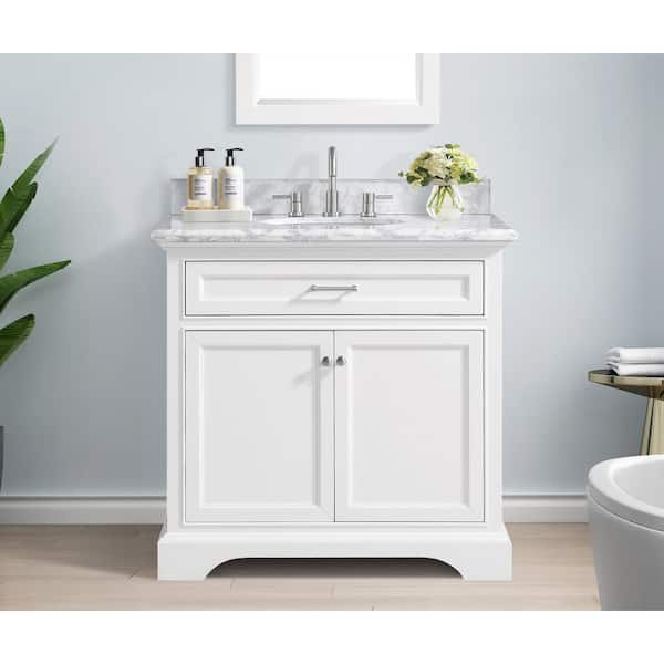 Home Decorators Collection Windlowe 37 in. W x 22 in. D x 35 in. H Bath Vanity in White with Carrara Marble Vanity Top in White with White Sink