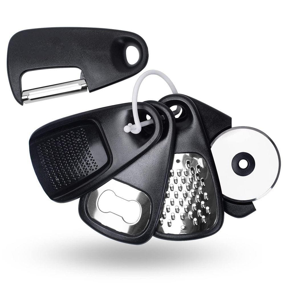 Anqtovp Black Kitchen Gadgets Set - 5-Piece Space Saving Cooking Tools with Peeler, Grater, Pizza Cutter, Grinder & Opener