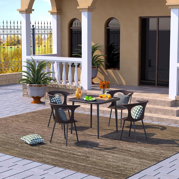 Zeus & Ruta Brown 5-Piece Metal Patio Dining Table Set with Square Dining Table for Patio, Garden and Backyard