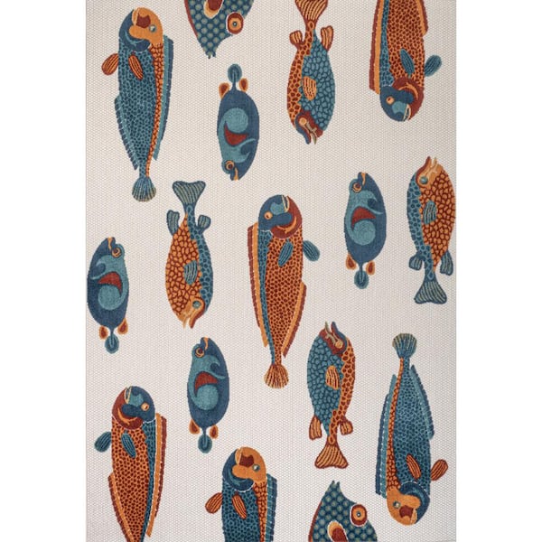Algarve Modern Fish High-Low Navy/Orange/Cream 8 ft. x 10 ft. Indoor/Outdoor Area Rug