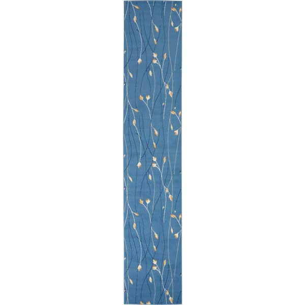 Nourison Grafix Light Blue 2 ft. x 12 ft. Floral Contemporary Kitchen Runner Area Rug