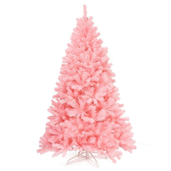 Gymax 6 ft. Pink Artificial Christmas Tree Hinged Spruce Full Tree ...