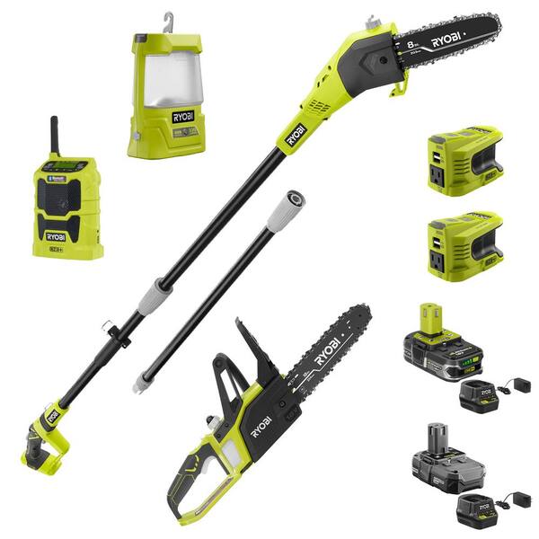 RYOBI ONE+ 18V 8 in. Cordless Battery Pole Saw, Chainsaw, Inverter, Radio and Area Light with (2) Batteries and (2) Chargers