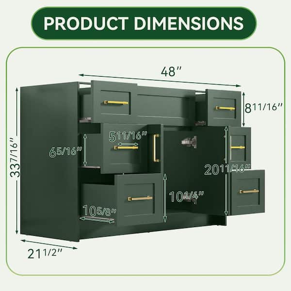 48 in. MDF Bath Vanity Cabinet without Top in Green Unassembled with 6 Drawers 2 Door,Soft Closing Floor Mounted Cabinet