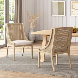 Hamel Beige and Teak Fabric, Cane, and Wood Dining Chair (Set of 2)