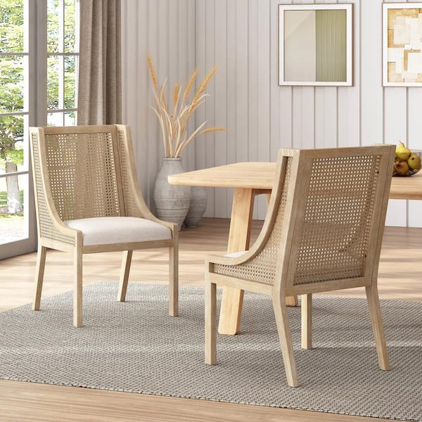 Hamel Beige and Teak Fabric, Cane, and Wood Dining Chair (Set of 2)