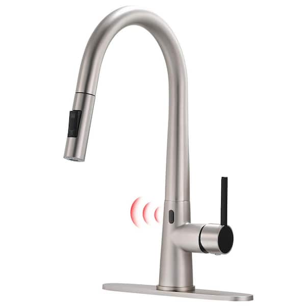 Unbranded Modern Touchless Single Handle Pull Down Sprayer Kitchen Faucet, Sensor Kitchen Faucet with Deck Plate in Brushed Nickel