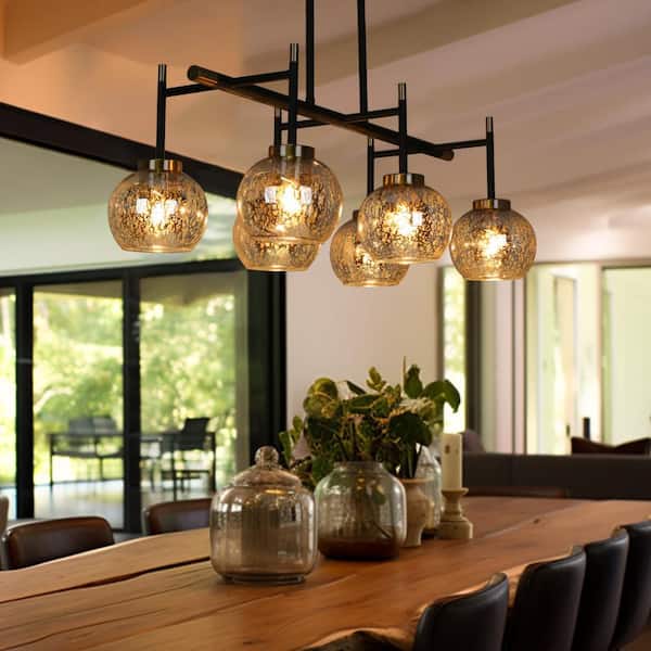 27.5 in. 6-Light Modern Black Island Chandelier, Transitional Brass Pendant Light, Mercury Glass Dining Room Chandelier