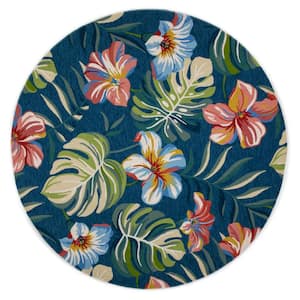 Arlo Blue 8 ft. Round Modern Floral Hand-Made Indoor/Outdoor Area Rug