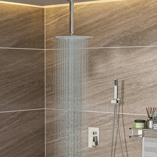 2-Handle Ceiling Rain Shower Faucet with High Pressure 16 in. Dual Square Shower Head in Brushed Nickel (Valve Included)