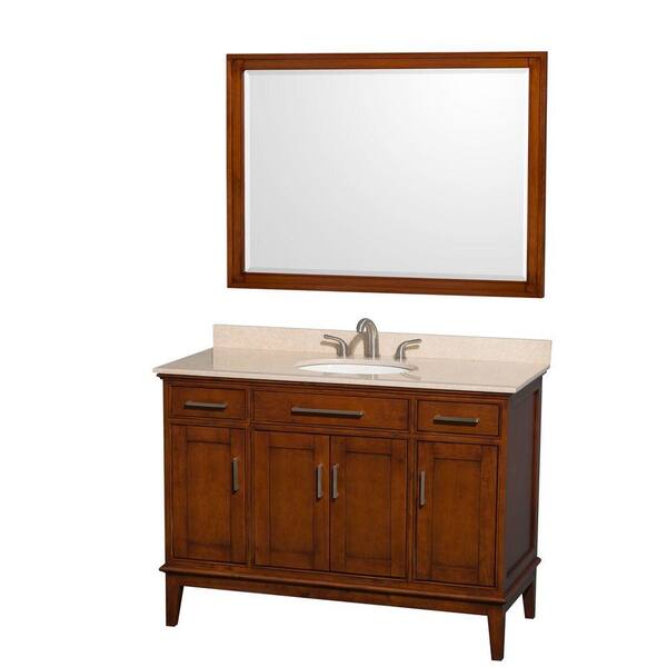 Wyndham Collection Hatton 48 in. Vanity in Light Chestnut with Marble Vanity Top in Ivory, Sink and 44 in. Mirror