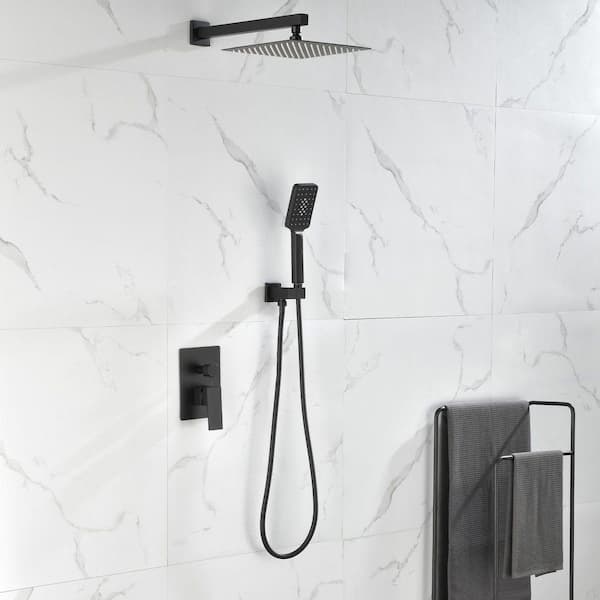 2-Spray Patterns 10 in. Wall Mount Dual Shower Heads Shower System with 3-Setting Hand Shower in Matte Black