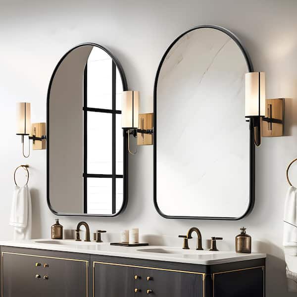 Lirago 23 in. W x 32 in. H Arched Metal Framed Pivoted Bathroom Wall Vanity Mirror with Round Corners in Black (Set of 2)
