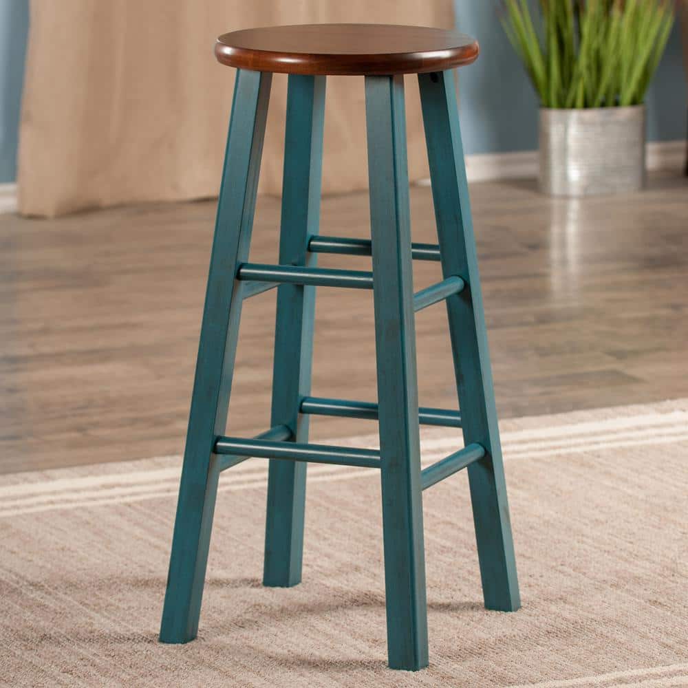 Rustic Teal and Walnut 29" Solid Wood Backless Bar Stool