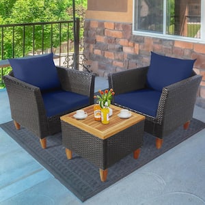 3-Pieces Wicker Patio Rattan Conversation Set with Navy Cushions and Wooden Table Top