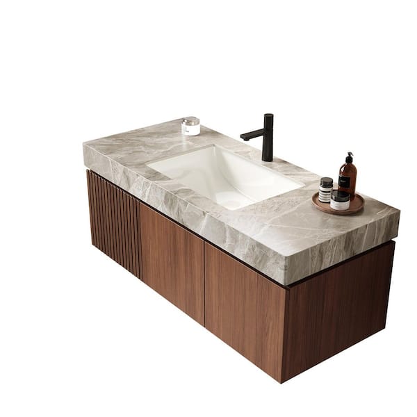 48in. Floating Single Sink Espresso Bath Vanity with Light Gray Sintered Stone Top