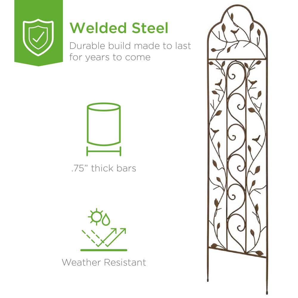 Bronze Iron Arched Garden Trellis with Bird and Branch Design