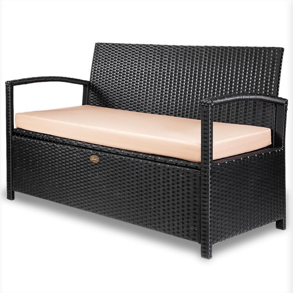 Barton Rattan Crawford 70 Gal. Black Resin Wicker Outdoor Garden Patio Deck Box Storage Bench with Beige Cushions 97041 - The Home Depot