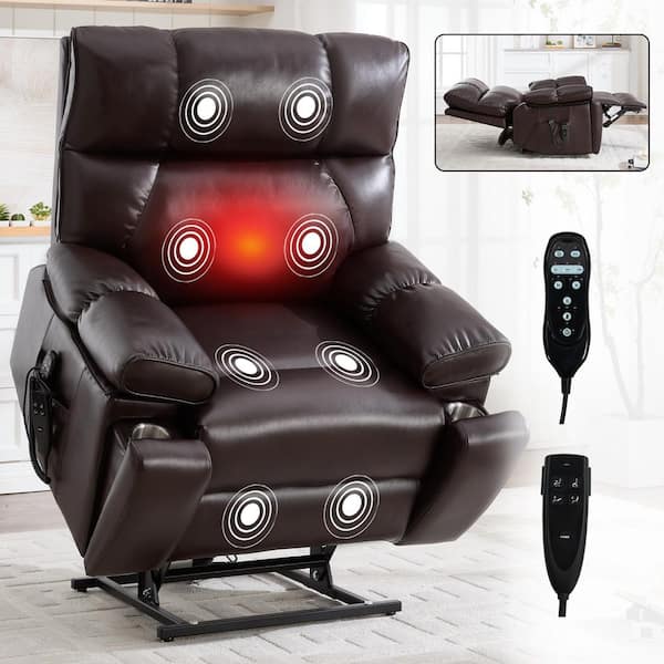 Vanessa Oversized Dark Brown Upholstered Faux Leather Power Lift Recliner with Heat Massage, Cup Holders, Power Remote