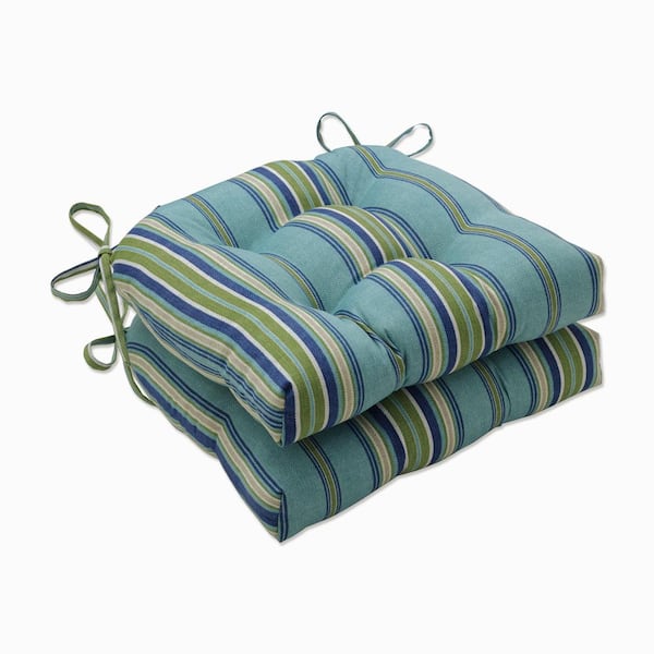 Pillow Perfect Striped 16 x 15.5 Outdoor Dining Chair Cushion in Blue/Green/Natural (Set of 2)