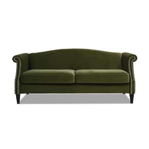 Elaine 77 in. W Rolled Arms Velvet Camel Back Rectangle Sofa in Olive Green