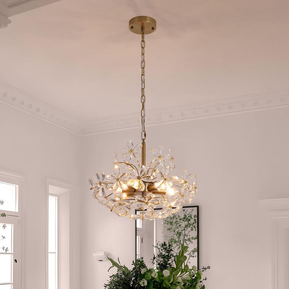 TinHon 6-Light Gold Chandelier with 28 Crystal Flower Accents