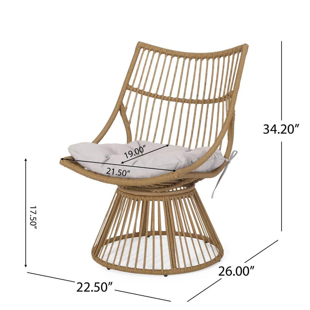Light Brown Wicker Chair and Round Side Table Set with Weatherproof Cushion