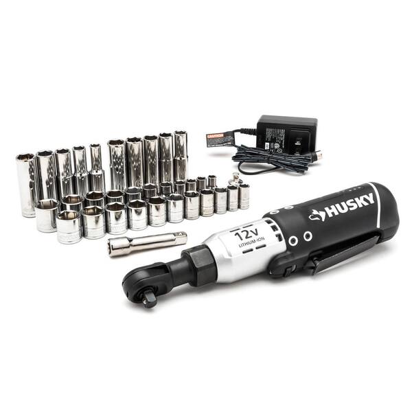 Husky - 12-Volt Lithium-Ion 3/8 in. Drive Cordless Ratchet W/ 34 Piece Socket Set, Battery, Charger, and Carrying Case