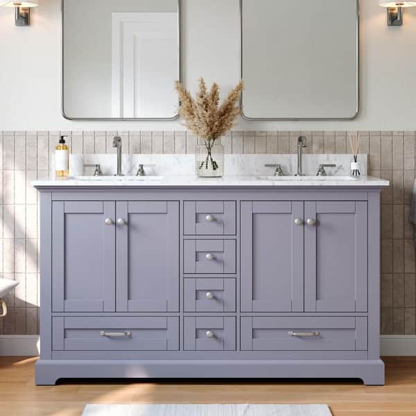 60 in. W x 22 in. D x 34.25 in. H Double Sink Freestanding Bath Vanity in Dark Gray with White Marble Top