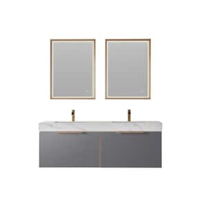 Alicante 60 in. W x 20.9 in. D x 21.7 in. H Double Sink Bath Vanity in Grey with White Sintered Stone Top and Mirror