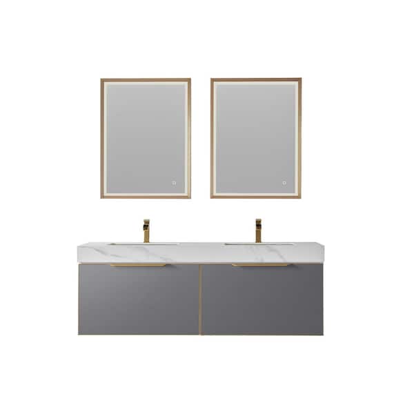 ROSWELL Alicante 60 in. W x 20.9 in. D x 21.7 in. H Double Sink Bath Vanity in Grey with White Sintered Stone Top and Mirror