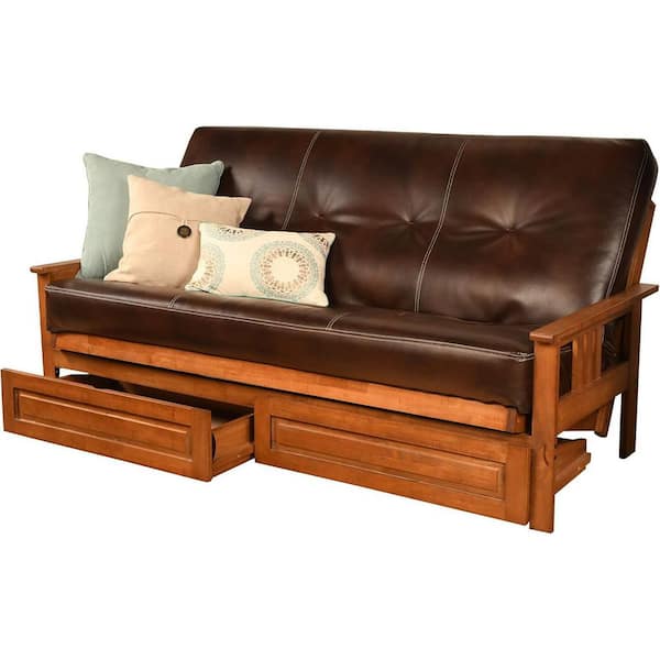 79 in. Barbados/Oregon Trail Java Leather Upholstered Full Size Futon Set with Mattress and Storage Drawers