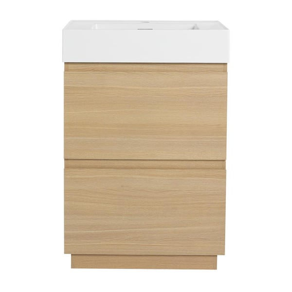 FUNKOL 18 in. W x 24 in. D x 35 in. H 1-Sink Freestanding Bath Vanity in Oak with White Resin Top and 2-Drawers