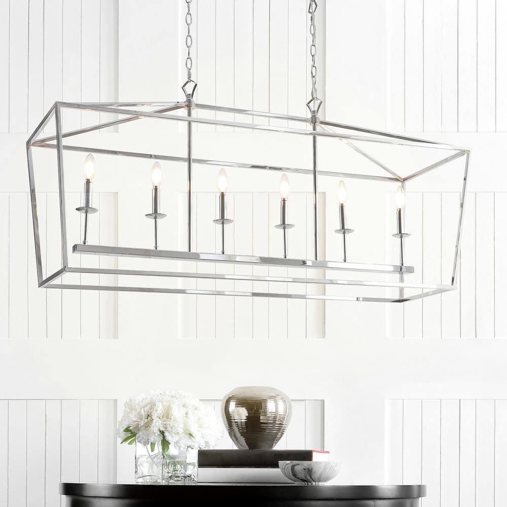 Pagoda-Inspired Chrome 49" Linear LED Pendant with 6 Candle Bulbs