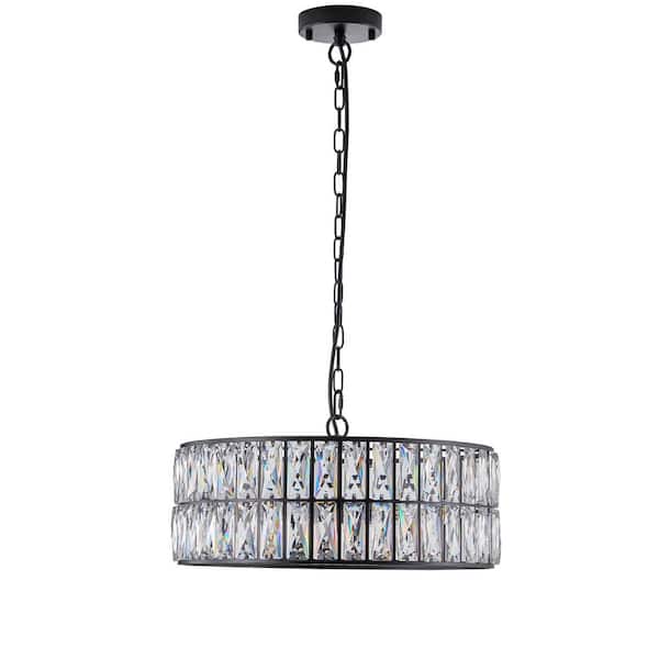 6-Light Crystal Drum Chandelier Lighting with Black Metal Frame for Living Room, Dining Room (Bulbs Not Included)